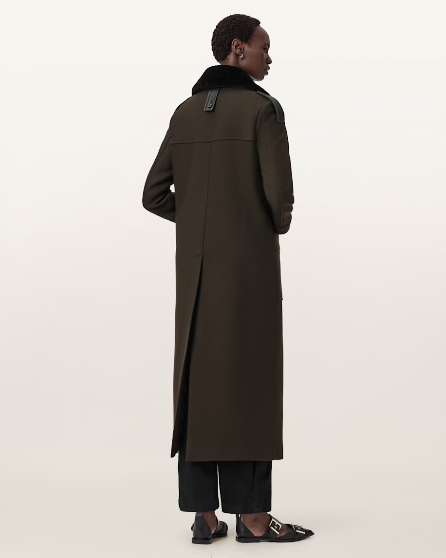 Пальто Allsaints темно зелене з хутряним воротом