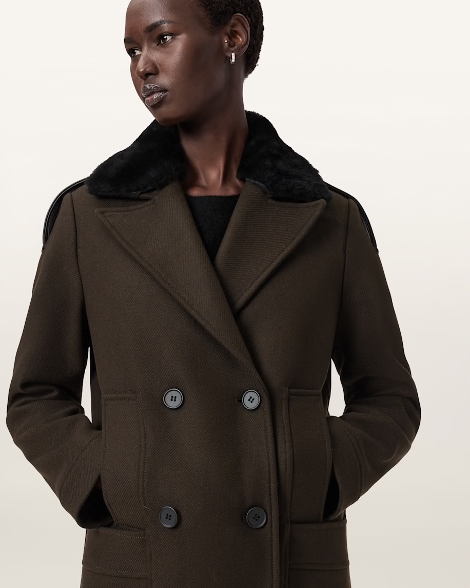 Пальто Allsaints темно зелене з хутряним воротом