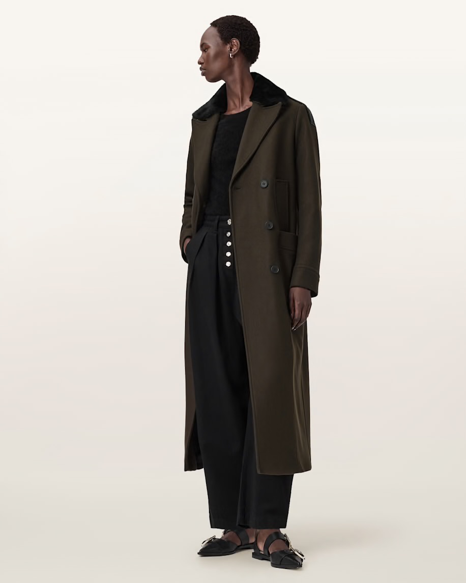 Пальто Allsaints темно зелене з хутряним воротом